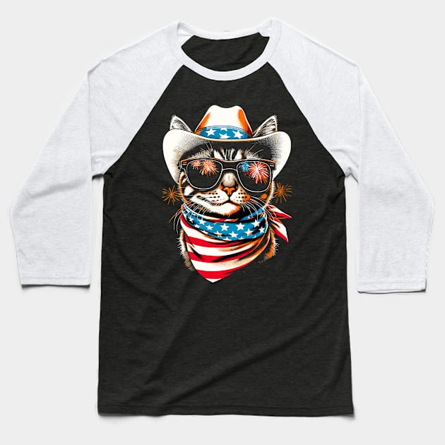 USA Flag Cat 4th of July Funny Patriotic Baseball T-Shirt by KsuAnn